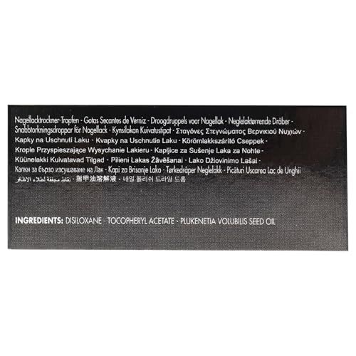 Confezione nera con nomi di prodotti multilingue e ingredienti: Disiloxane, Tocopheryl Acetate, Plukenetia Volubilis Seed Oil.