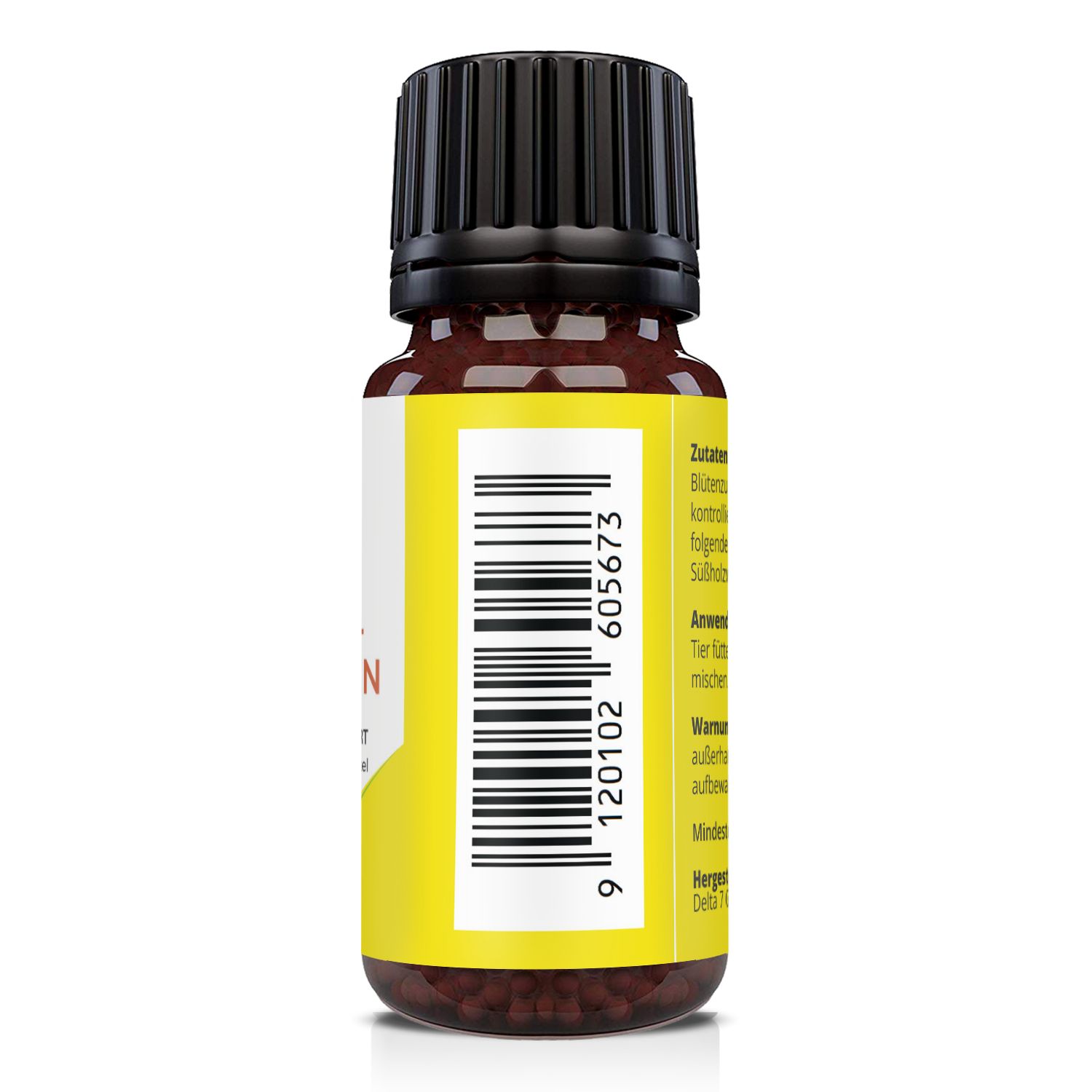 Retro del flacone di vetro marrone con etichetta gialla. Codice a barre e testo. Contenuto 10g.