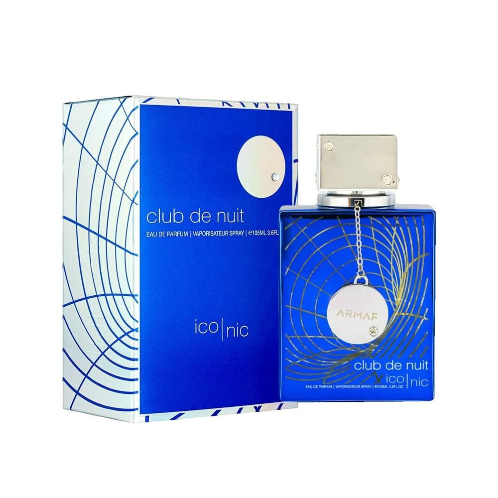Flacone blu e confezione. Scritta Club de Nuit Iconic. Tappo argentato. Logo Armaf. Linee decorative.