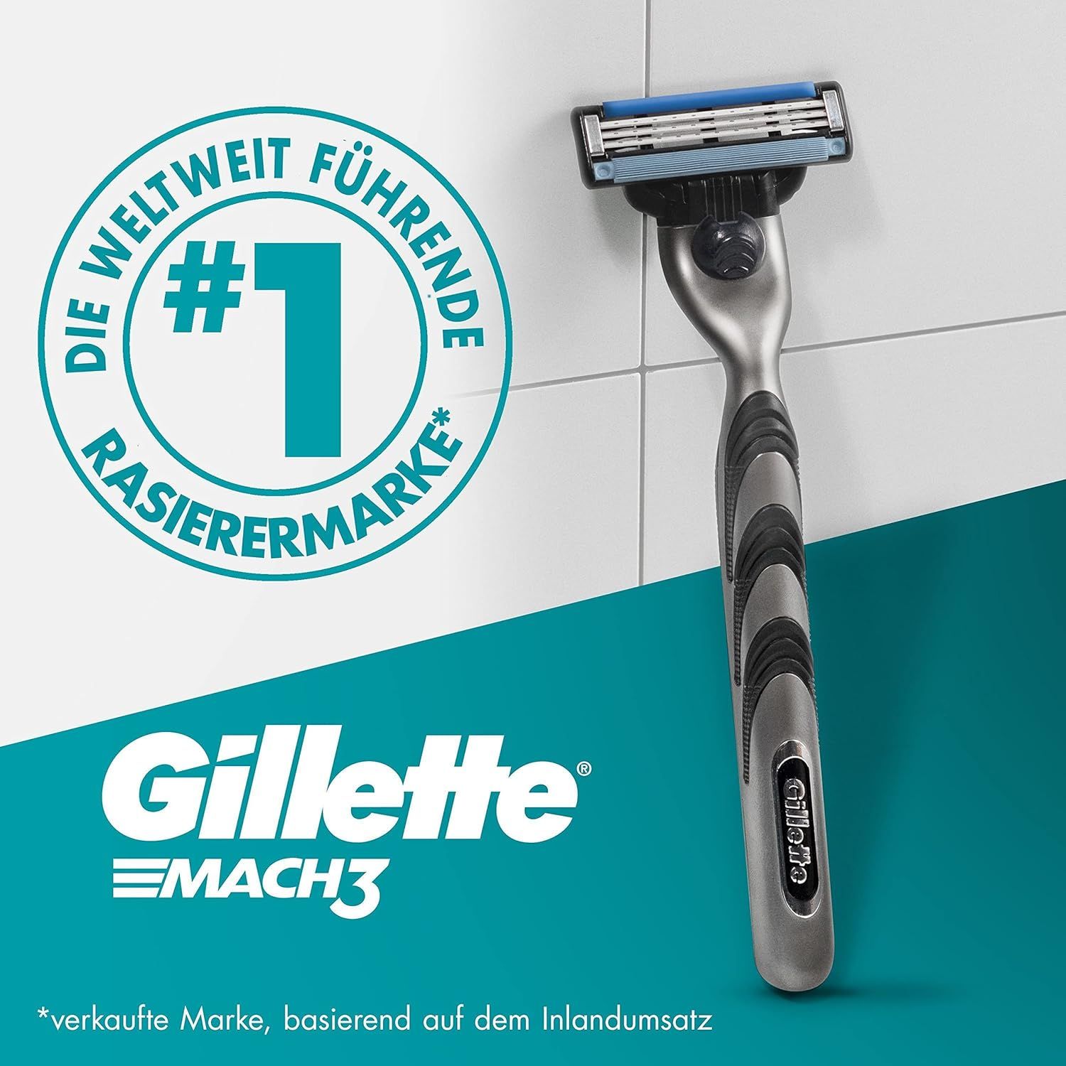 Rasoio Gillette Mach3. Manico nero, testina argentata. Testo: "IL MARCHIO DI RASATURA N.1 AL MONDO".