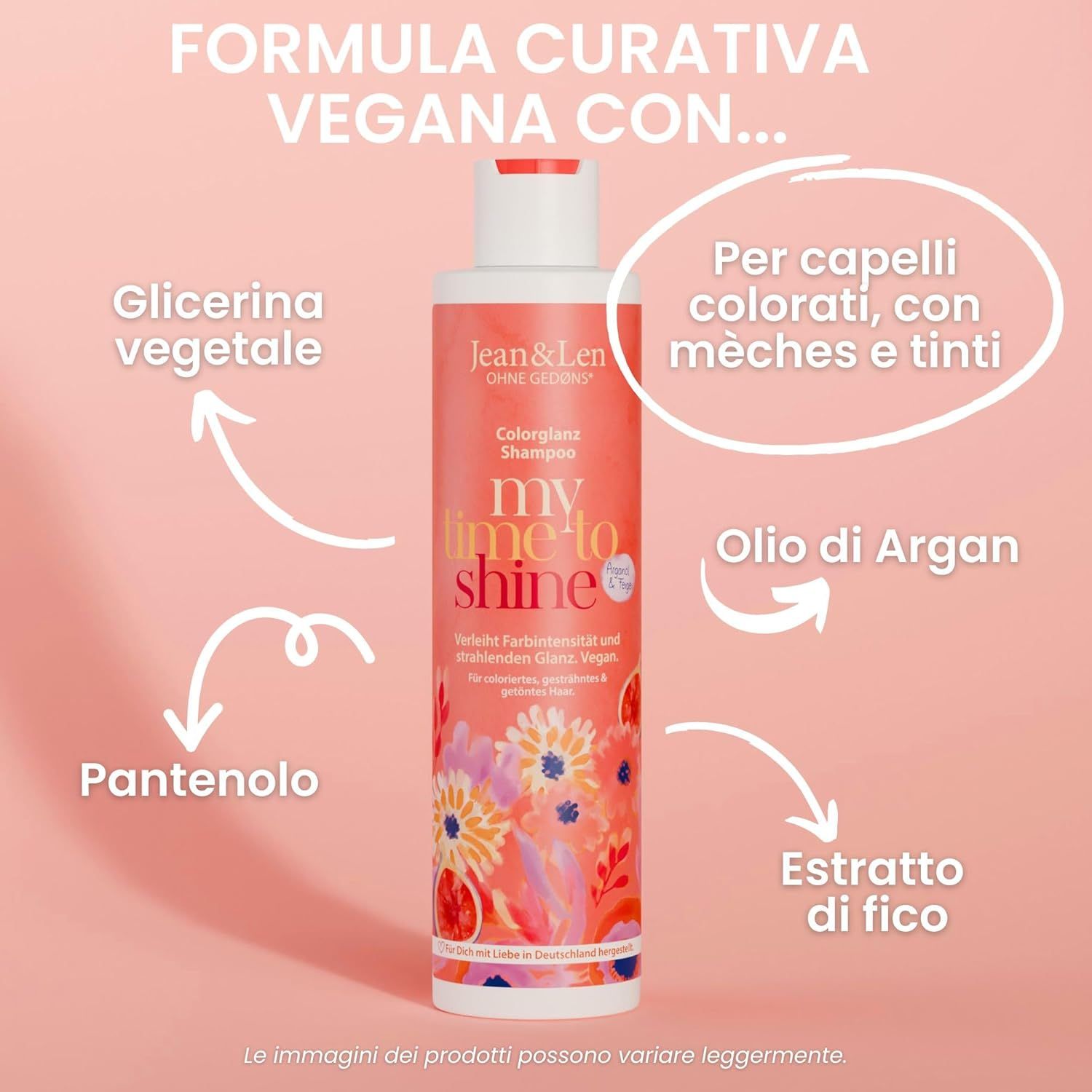 Sfondo rosa con frecce sugli ingredienti. Flacone di shampoo con scritta: Jean & Len, Color Gloss Shampoo.