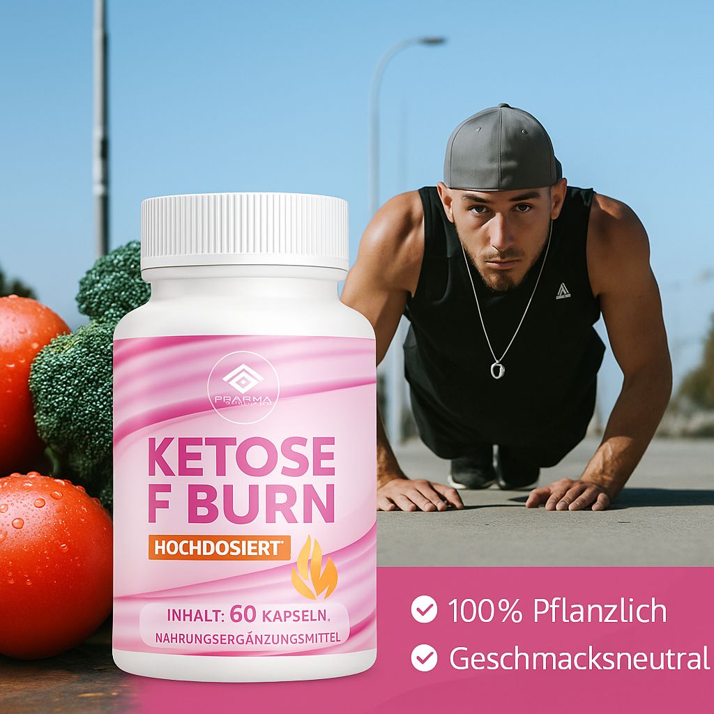 Flacone bianco con etichetta rosa. Scritta: Ketose F Burn, ad alto dosaggio. Contenuto: 60 capsule. Uomo sullo sfondo. Testo: 100% vegetale.
