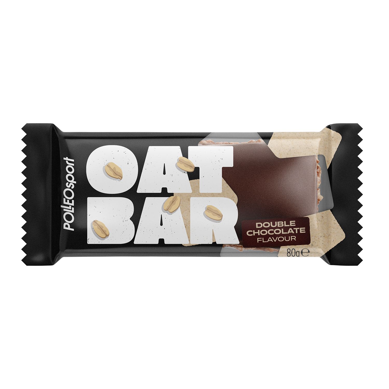 Singola barretta Polleo Oat Bar. Confezione nera con scritta Oat Bar e PolleoSport. Gusto doppio cioccolato.