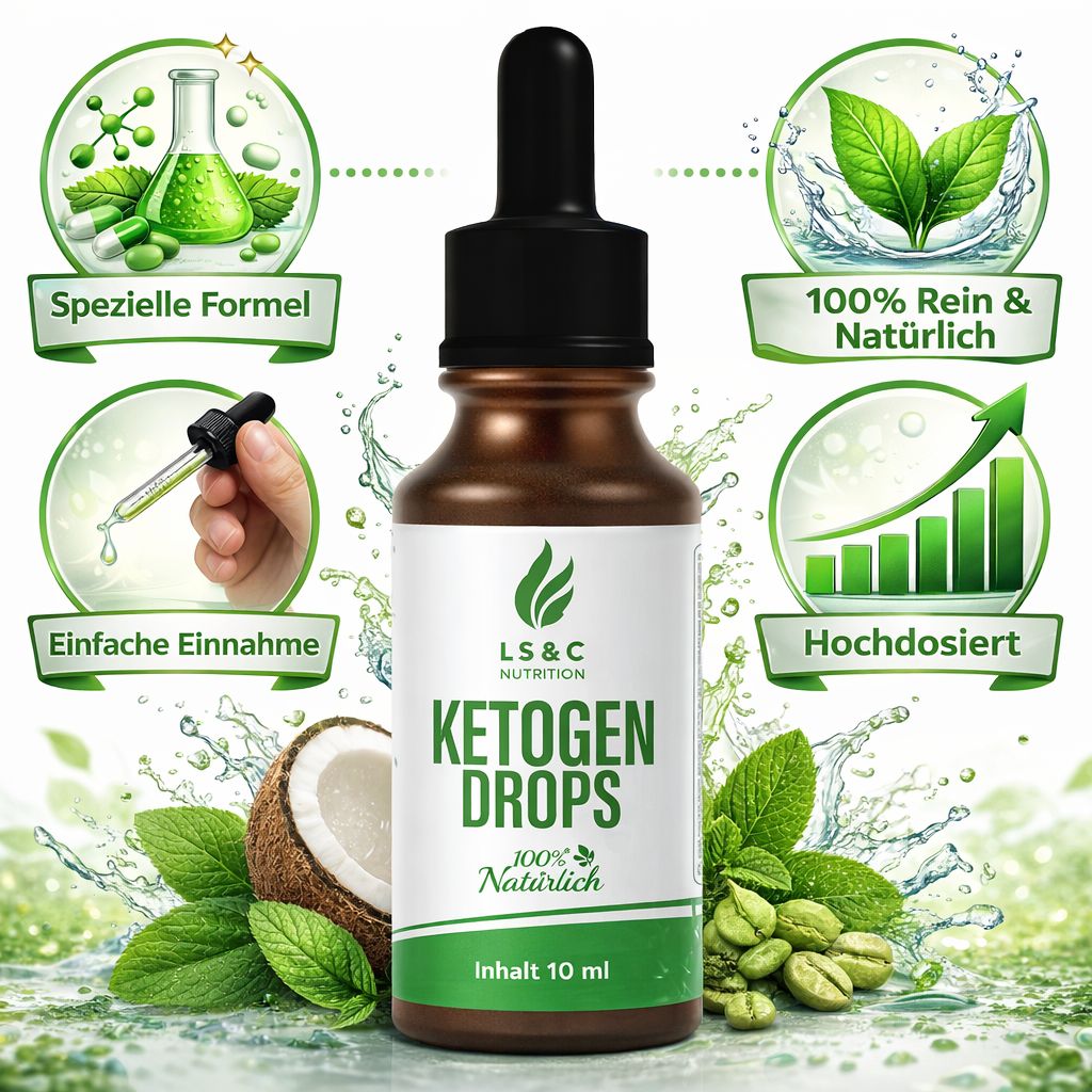Flacone marrone con tappo nero. Scritta: LS & C Nutrition, Ketogen Drops, 100% Naturale. Contenuto 10 ml.
