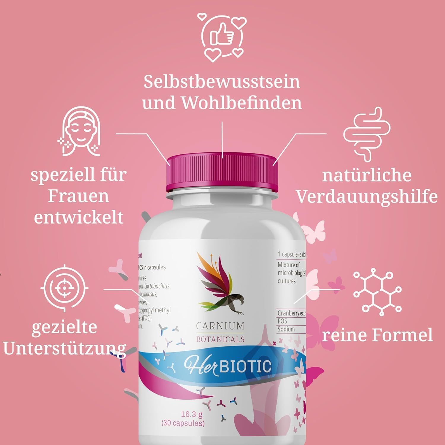 Flacone HerBiotic. Sfondo rosa con icone e testo: autostima, aiuto digestivo, formula pura, supporto mirato.