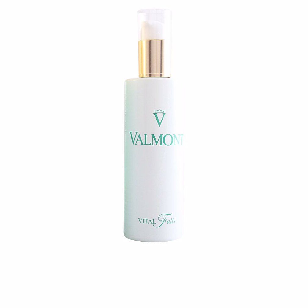 Flacone bianco con logo "Valmont" verde e scritta "Vital Falls". Testina della pompa dorata.