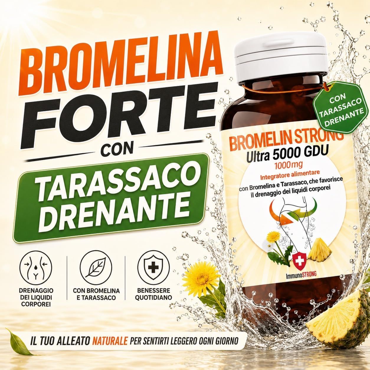 Flacone Immunostrong Bromelina Forte con etichetta e foglie verdi.