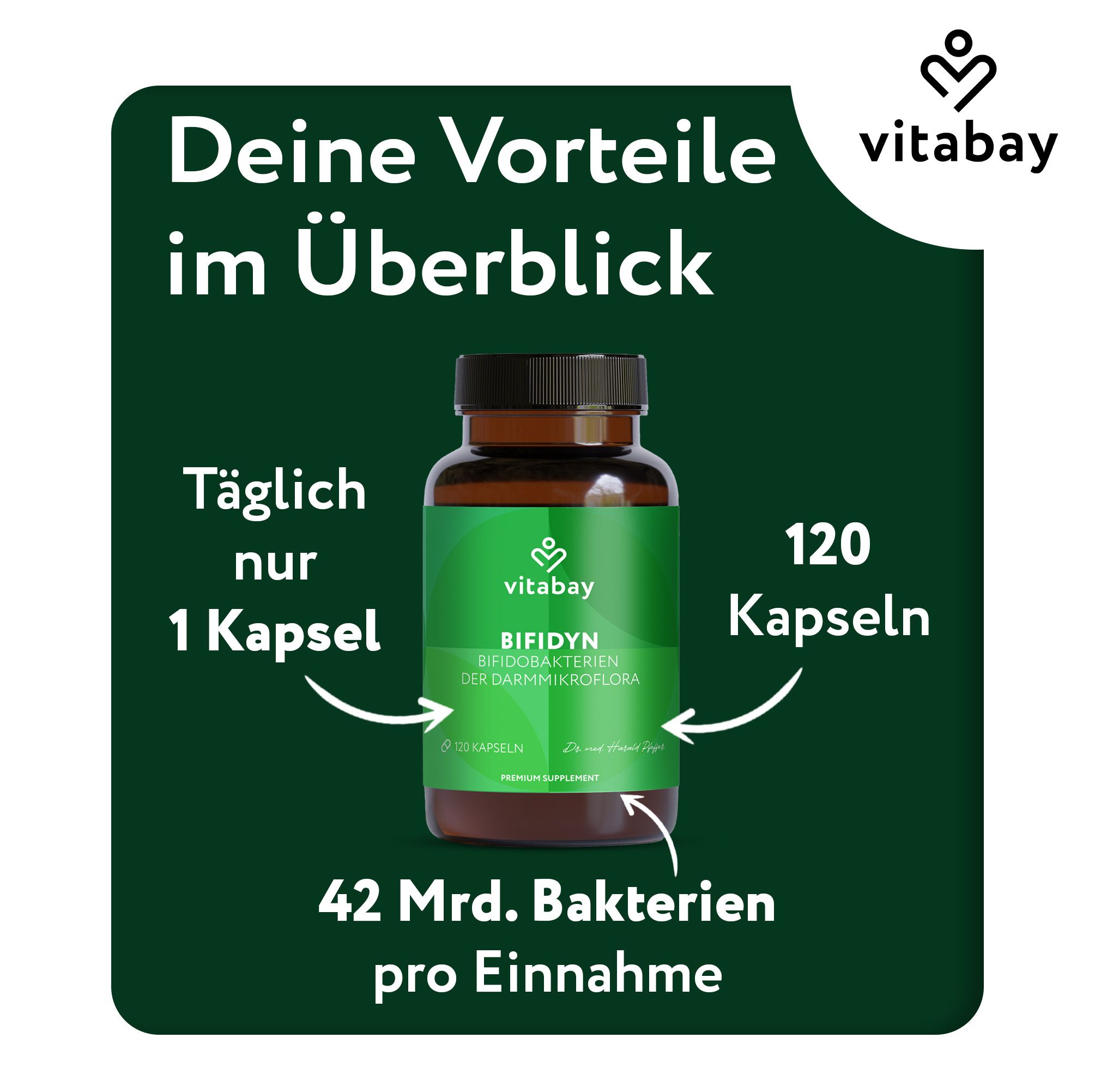 Flacone di vetro marrone con etichetta verde. Testo: Bifidyn, 120 capsule, 42 miliardi di batteri per dose. Logo Vitabay.