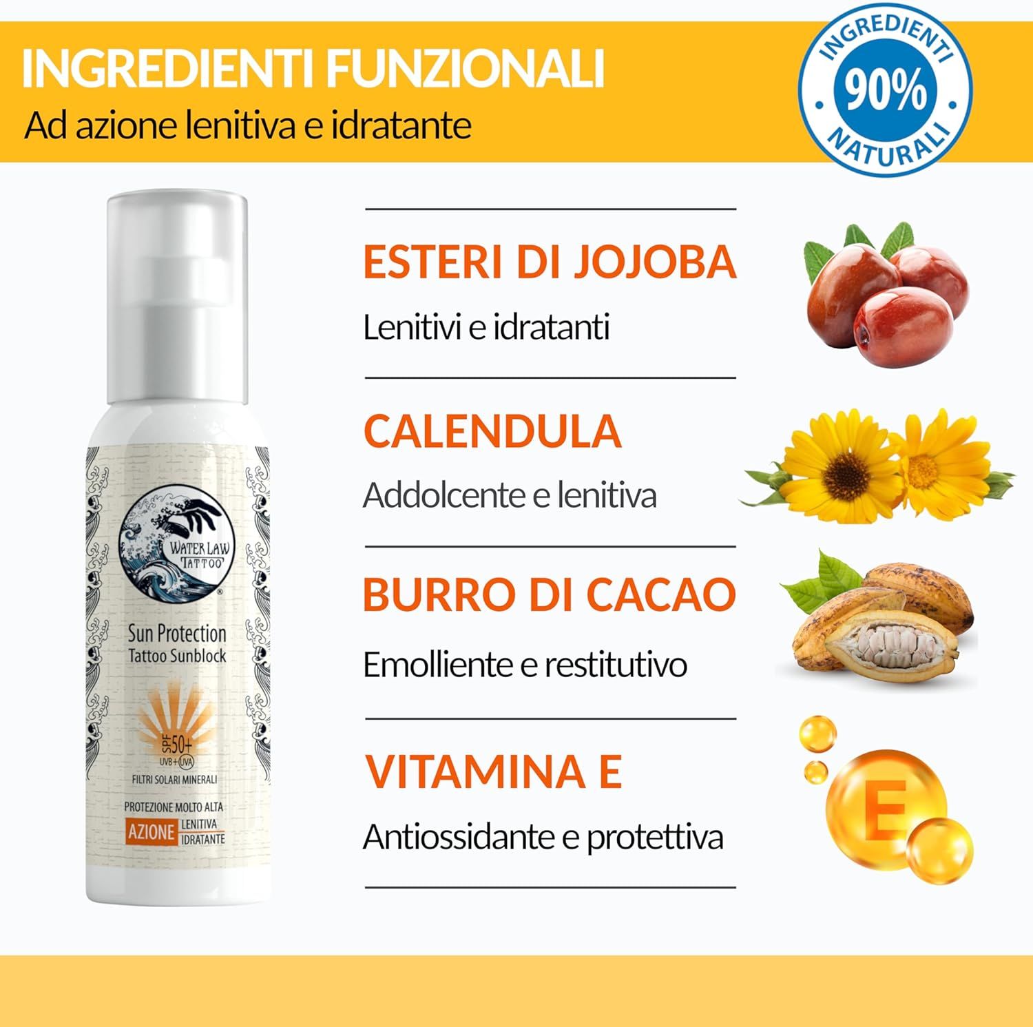 Flacone di crema solare con ingredienti: Esteri di jojoba, calendula, burro di cacao, vitamina E. 90% ingredienti naturali.