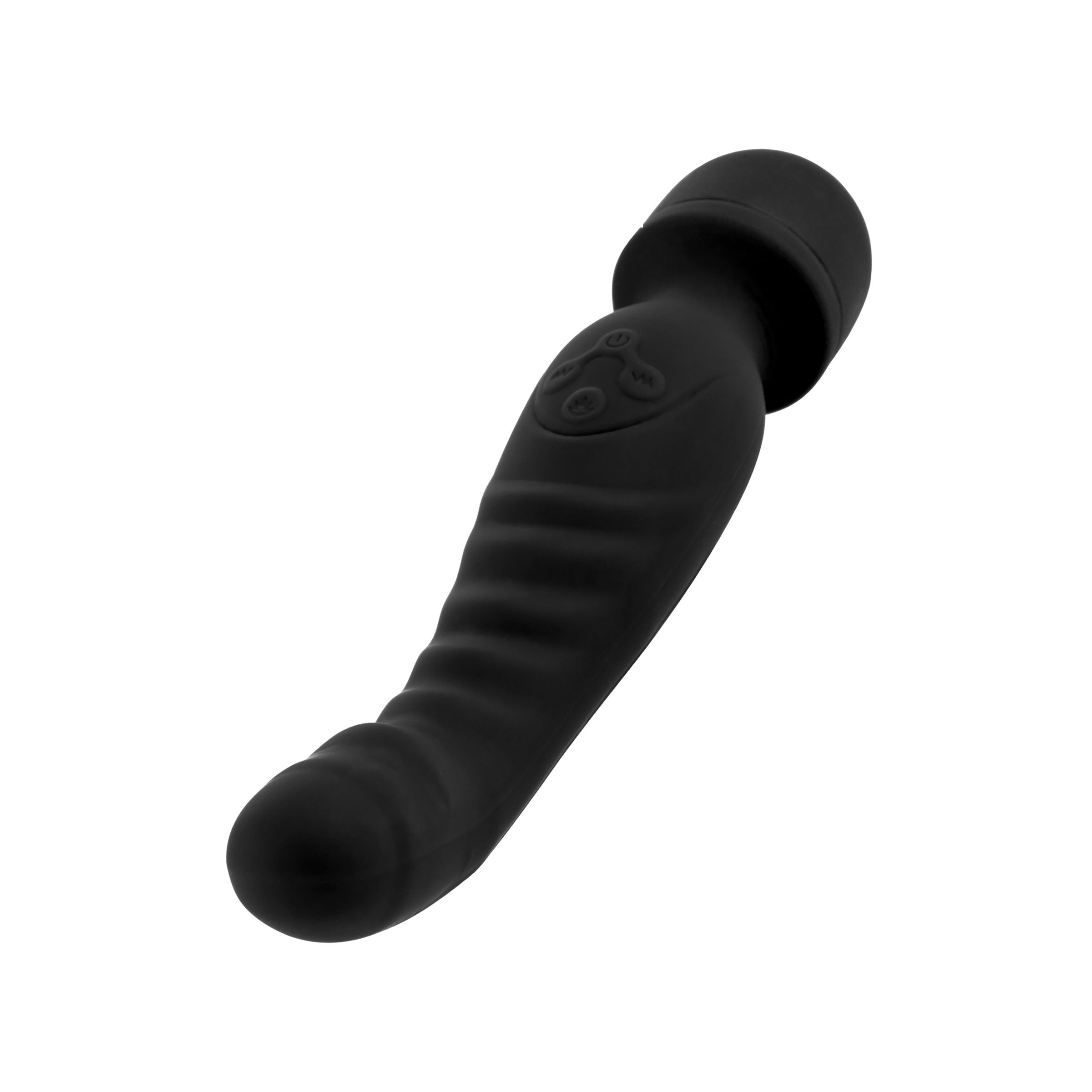 Prodotto benessere nero con testa arrotondata e manico scanalato. Leggermente curvo.