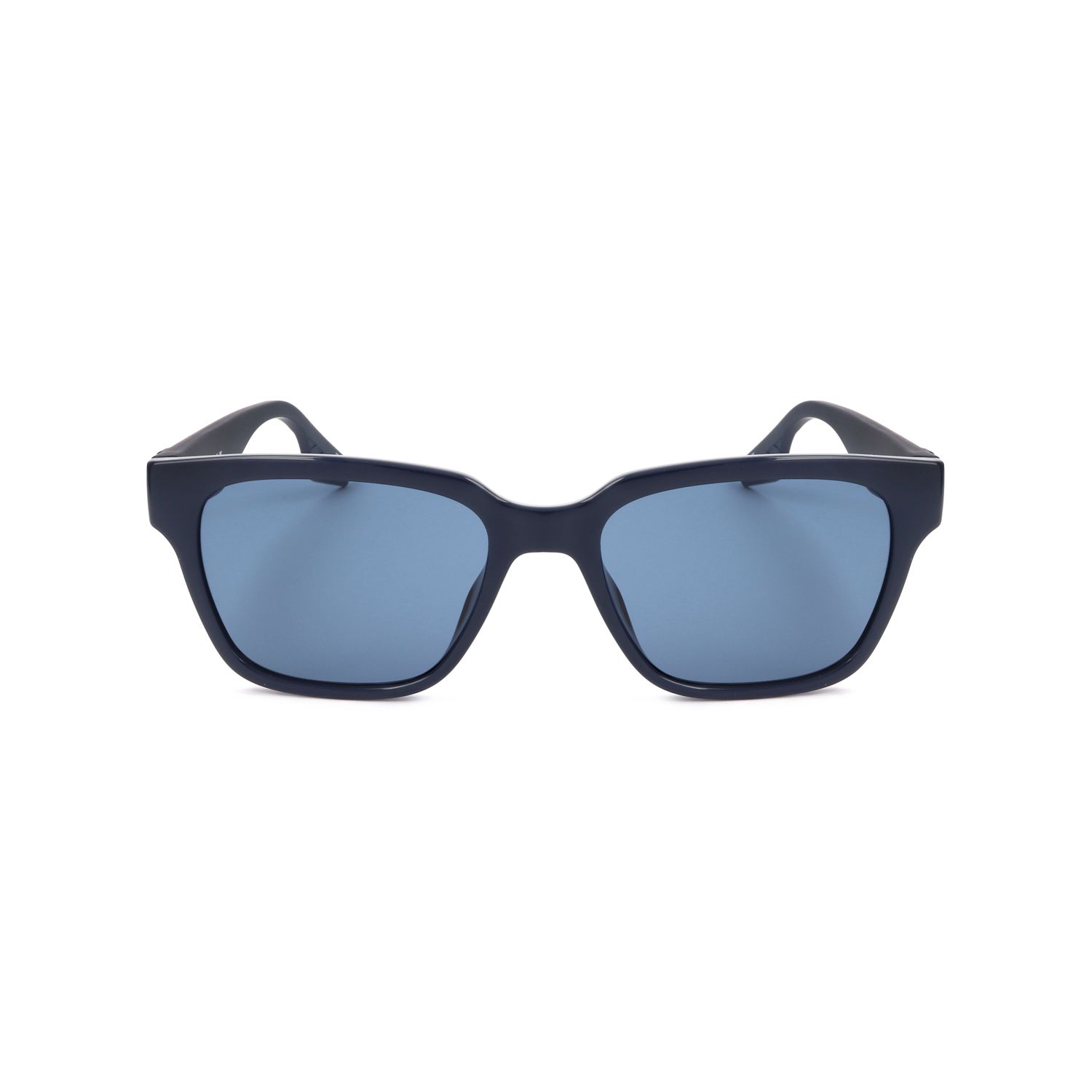 Occhiali da sole blu scuro con lenti rettangolari blu e montatura spessa.