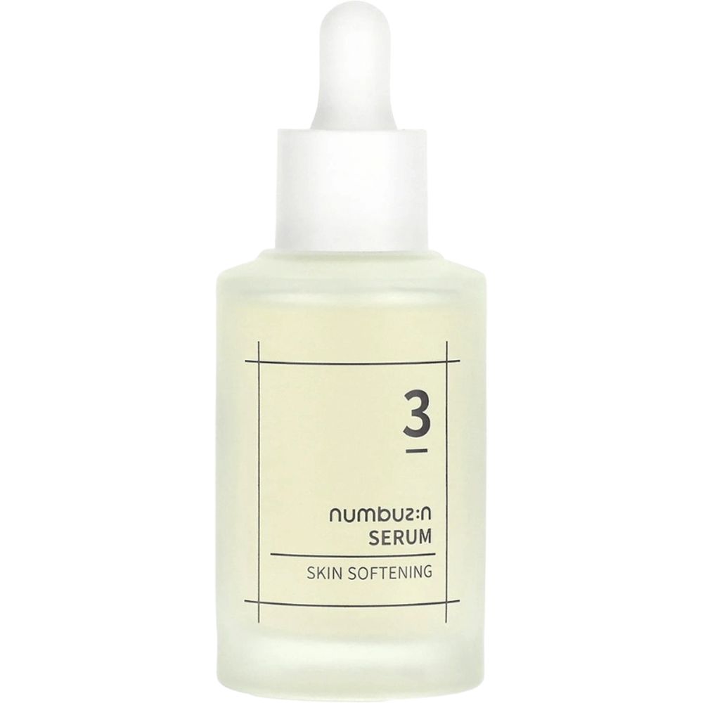 Flacone di siero con tappo e pipetta bianchi. Scritta: 3, numbu:z:n SERUM SKIN SOFTENING.