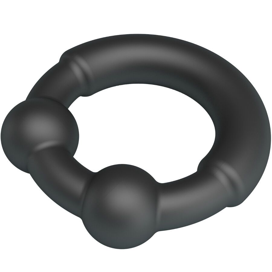 Anello nero con due sfere, visto di tre quarti anteriore.