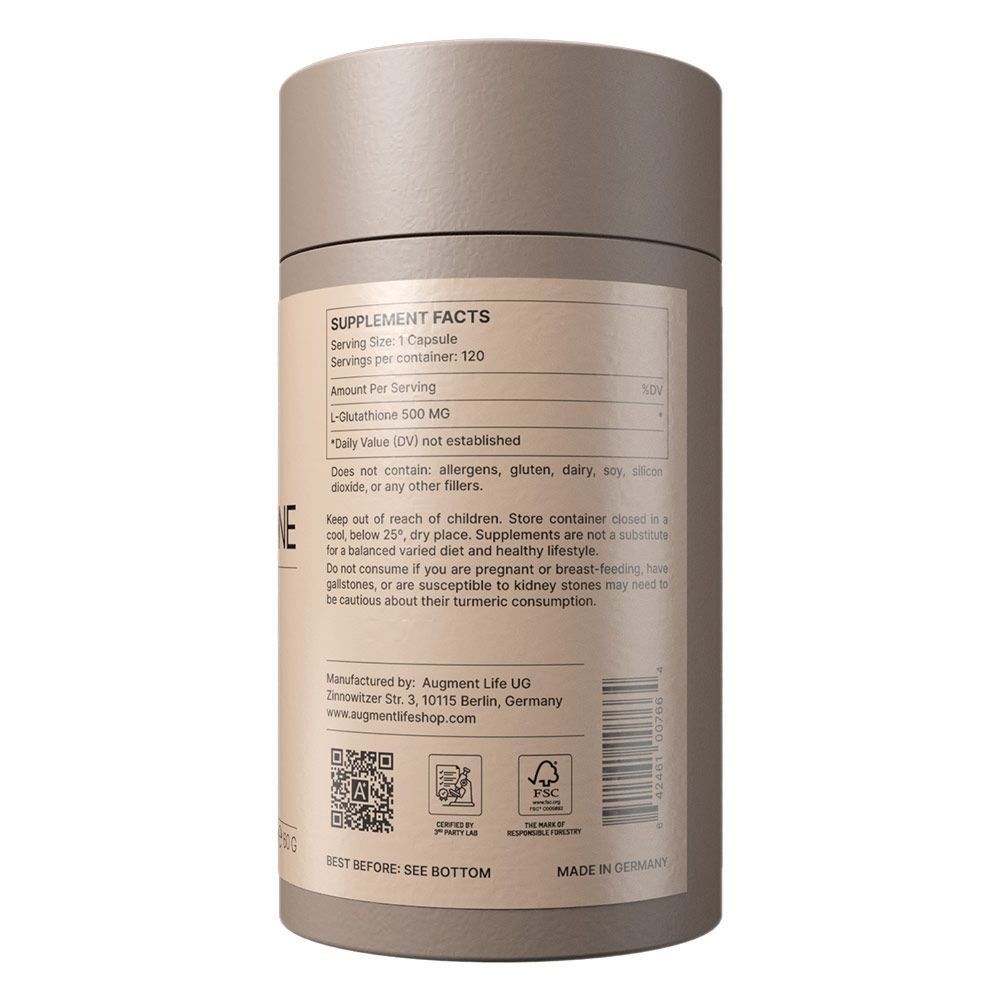 Etichetta integratore alimentare su contenitore cilindrico con L-Glutatione 500 MG e informazioni sul produttore.