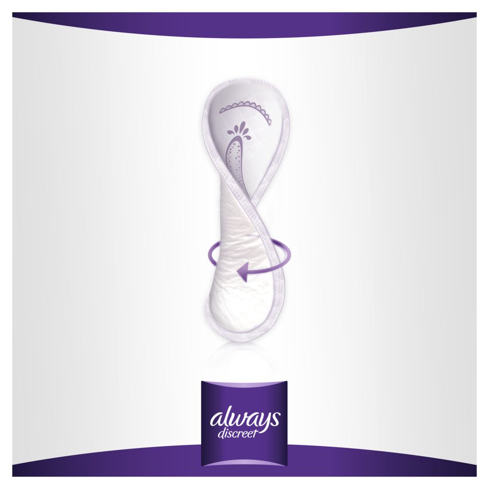 Assorbente Always Discreet, bianco con bordo viola. Freccia indica forma e direzione.