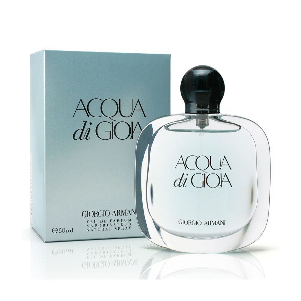 Flacone e confezione di ACQUA di GIOIA. Flacone quadrato, tappo nero. Scritta: ACQUA di GIOIA, GIORGIO ARMANI. Confezione accanto.