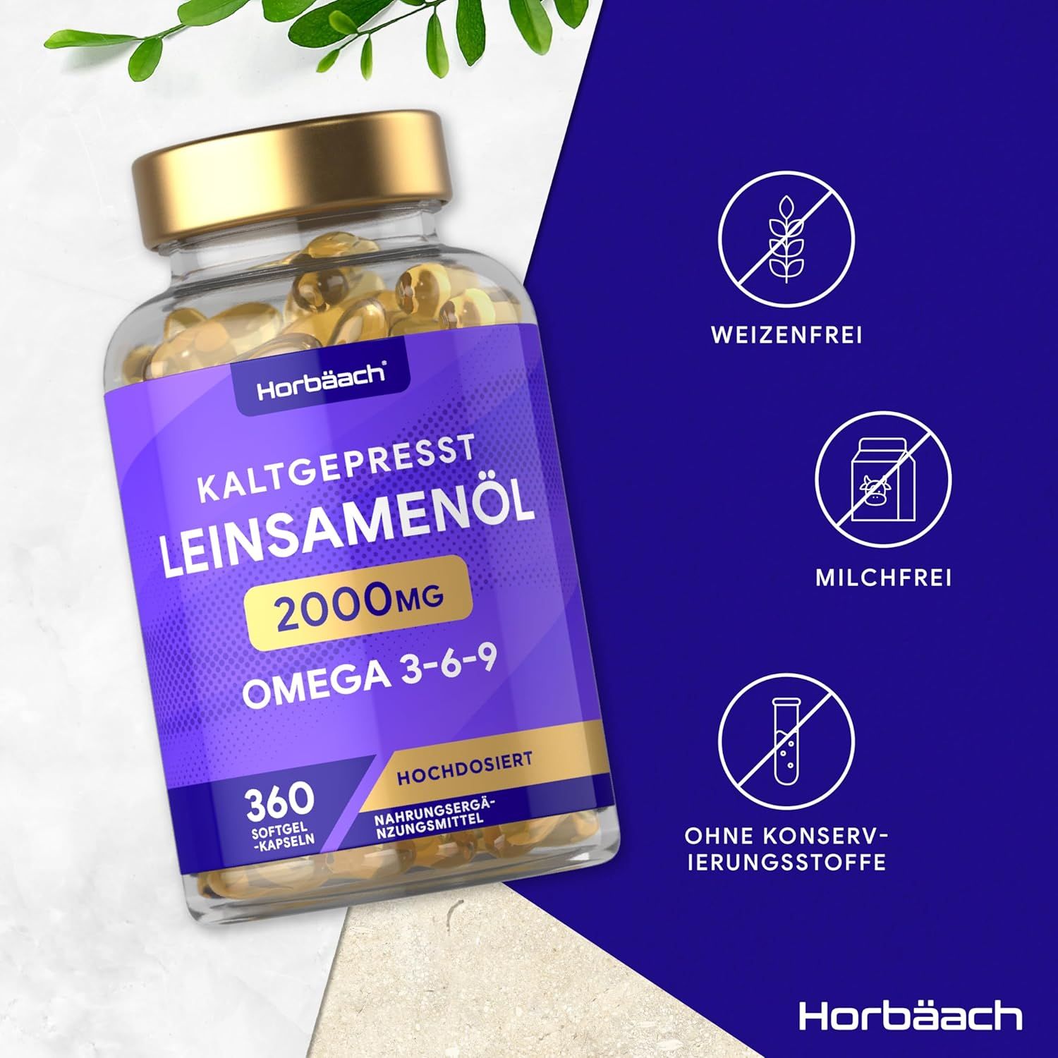Flacone di capsule. Scritto: Olio di semi di lino spremuto a freddo 2000mg Omega 3-6-9. 360 capsule molli. Simboli: senza grano, senza latte, senza conservanti.