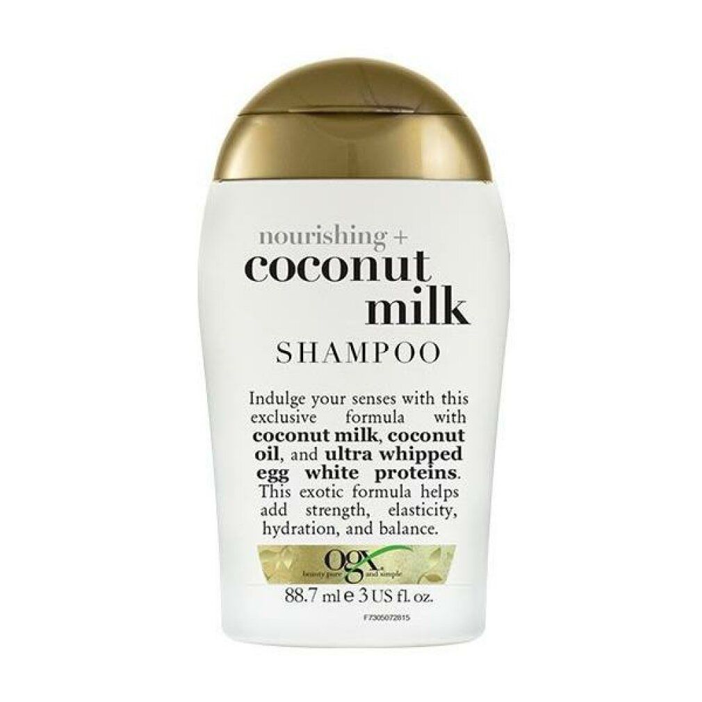 Piccolo flacone di shampoo bianco con tappo dorato. Scritta: nourishing + coconut milk SHAMPOO. Marchio: OGX. 88,7 ml.