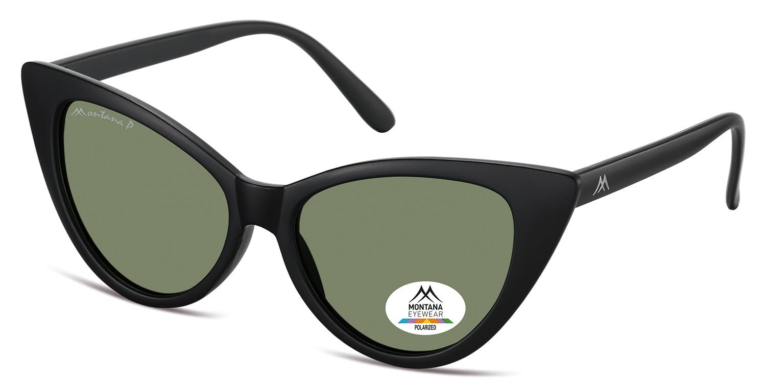 Occhiali da sole neri con lenti verdi. Logo Montana Eyewear sull'asta e sulla lente. Lente polarizzata.