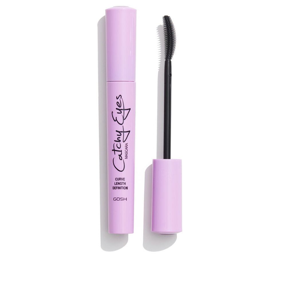 Mascara Gosh Catchy Eyes, tubo e spazzola viola. Scritta: Curve Length Definition. Spazzola nera. Prodotto di bellezza.