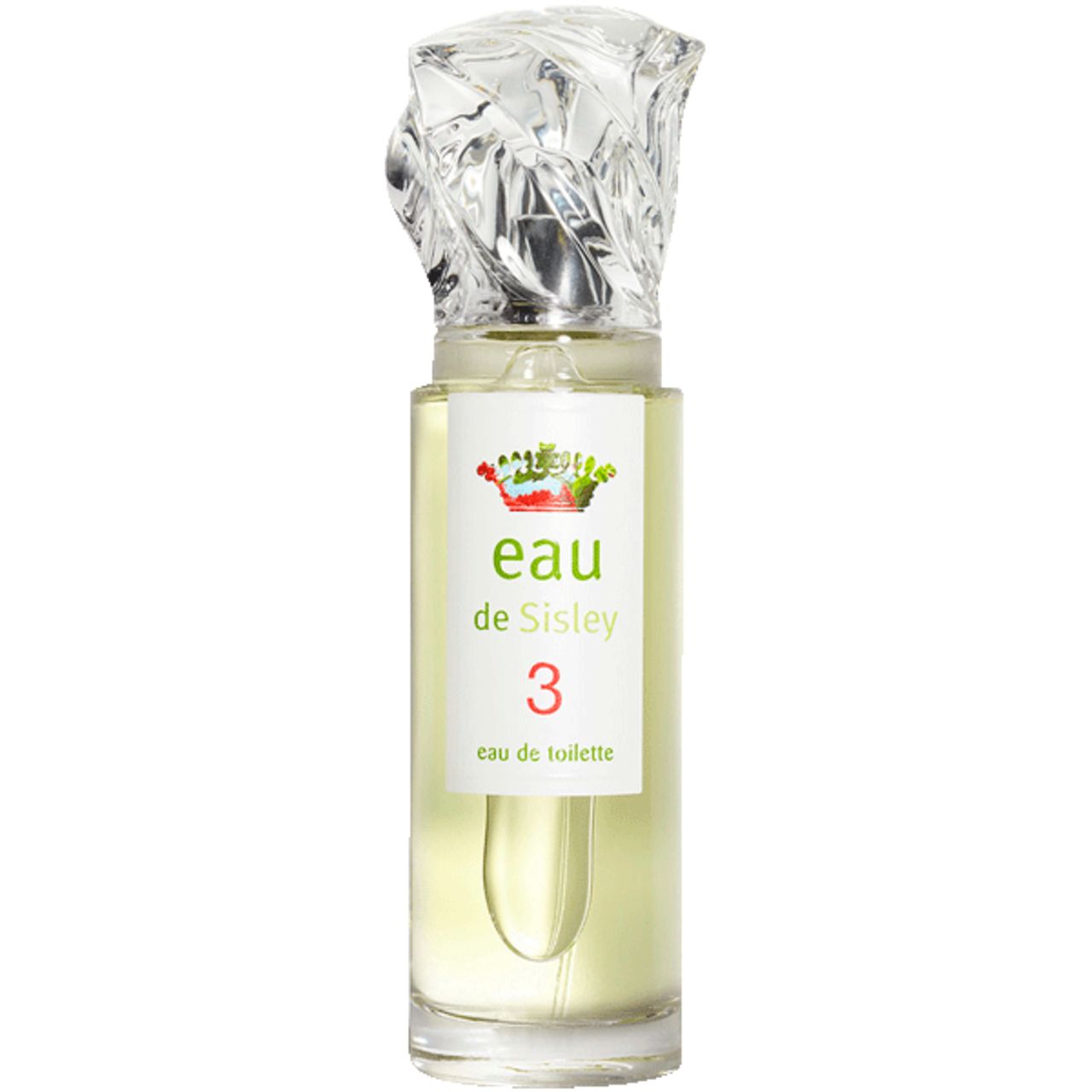 Flacone di profumo con tappo trasparente. Etichetta "eau de Sisley 3".