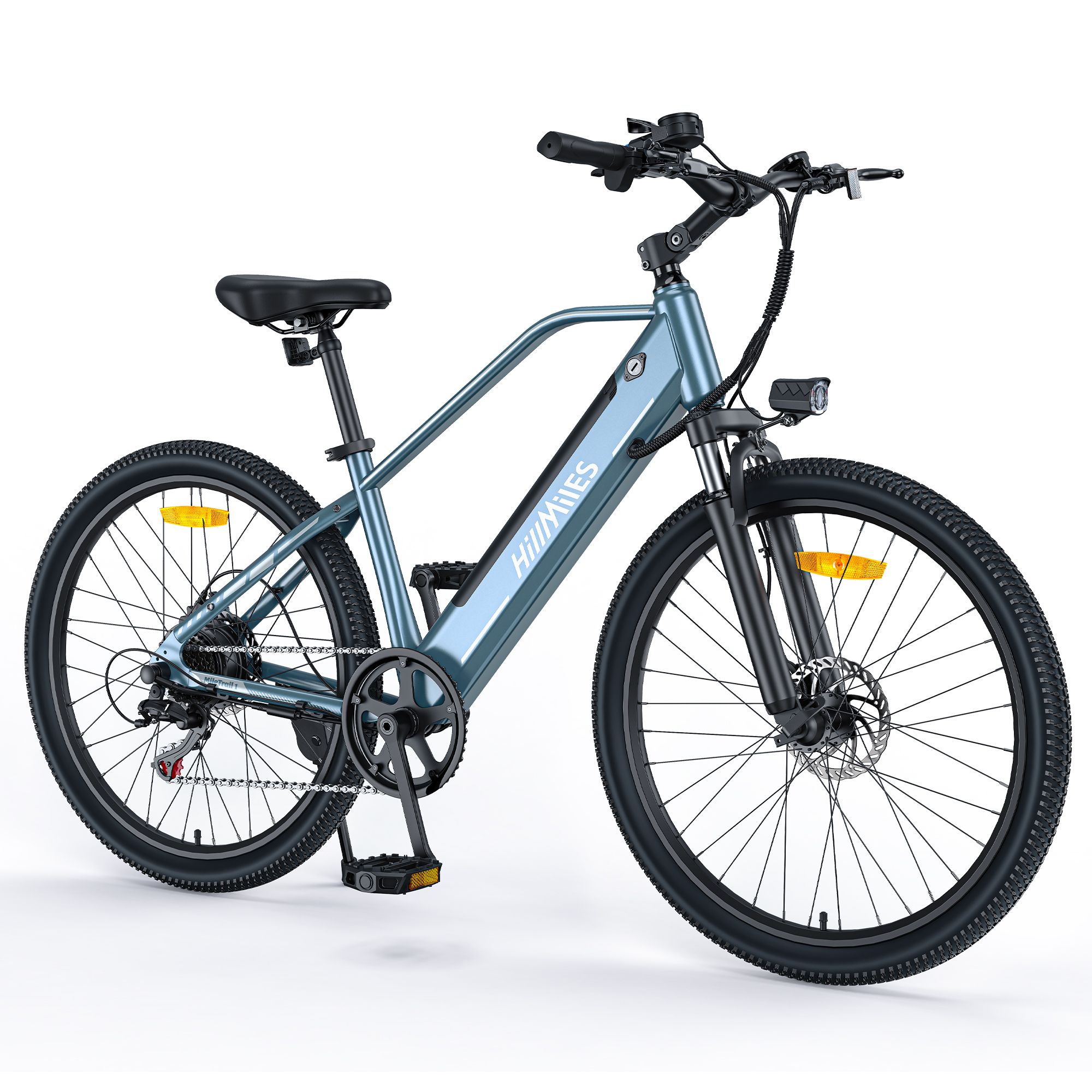 E-bike blu con pneumatici neri. Marchio HillMiles. Faro, sella, pedali e manubrio visibili. Riflettori gialli sulle ruote.