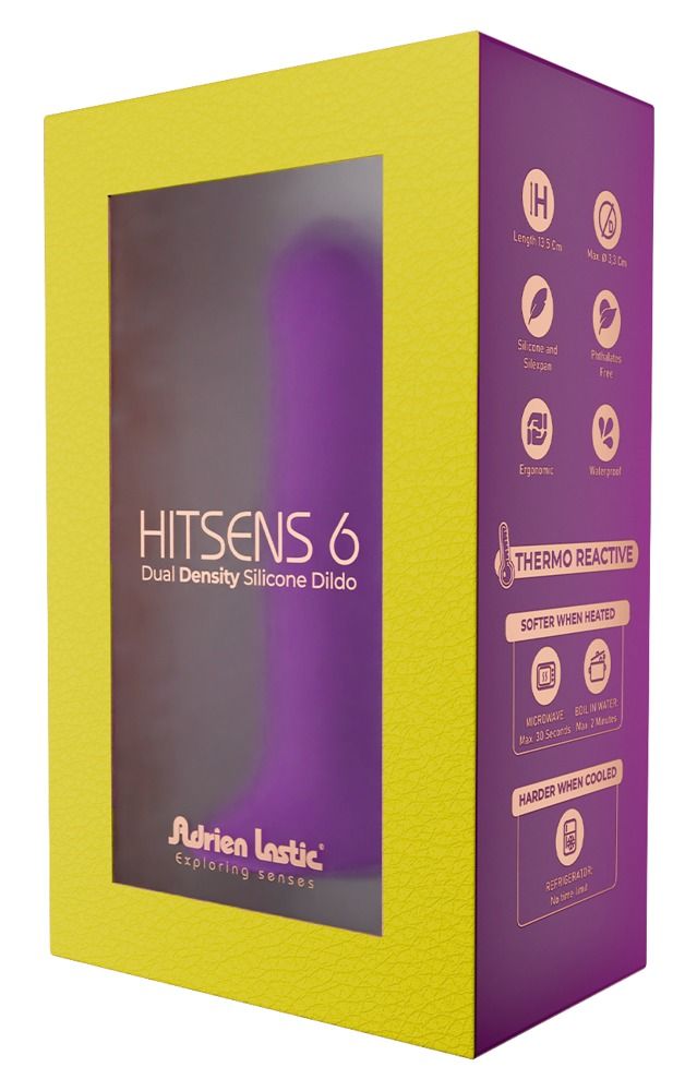 Dildo viola in confezione. Scritta: « Hitsens 6 Dual Density Silicone Dildo ». Produttore: Adrien Lastic. Confezione con informazioni sul prodotto.