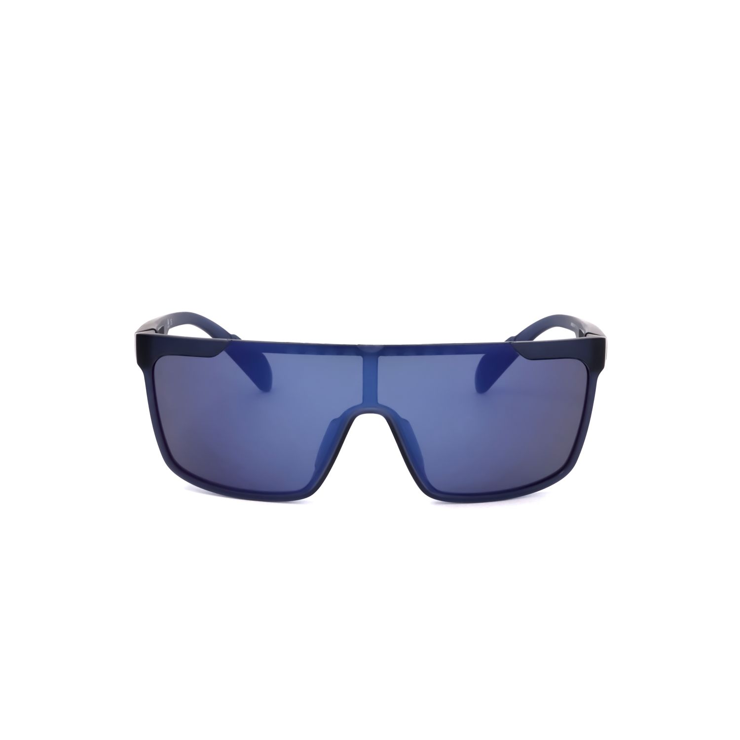 Occhiali da sole rettangolari blu scuro con montatura larga e lenti a specchio.