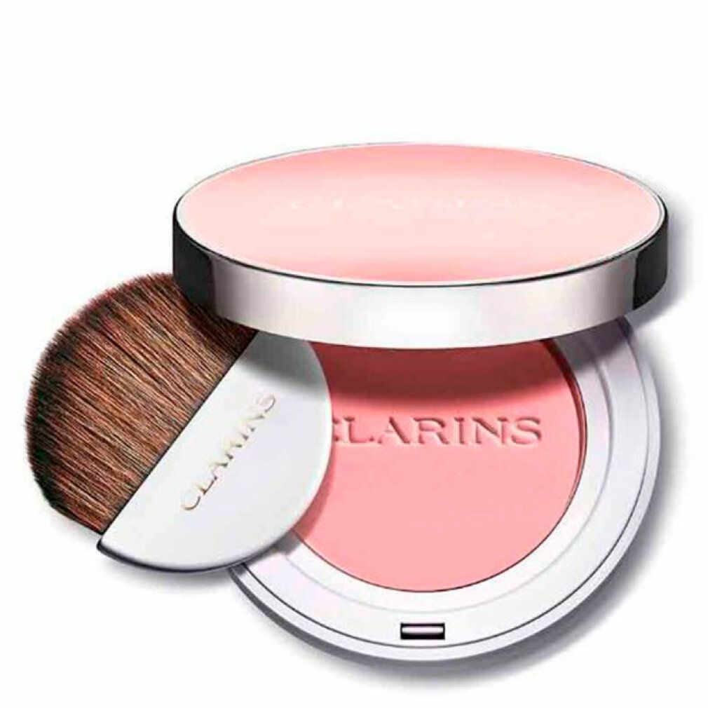 Fard Clarins rosa, con pennello. Coperchio con logo. Pennello e polvere con logo. Contenitore bianco.