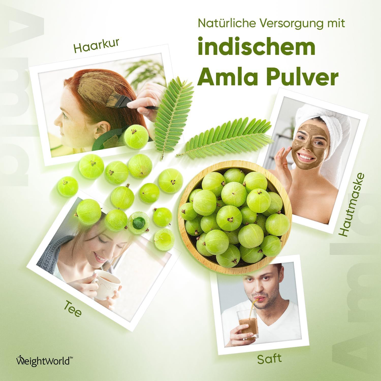 Immagine pubblicitaria con foto. Le foto mostrano: trattamento per capelli, maschera facciale, bere tè, bere succo. Testo: Amla Pulver indiano. Marchio: WeightWorld.