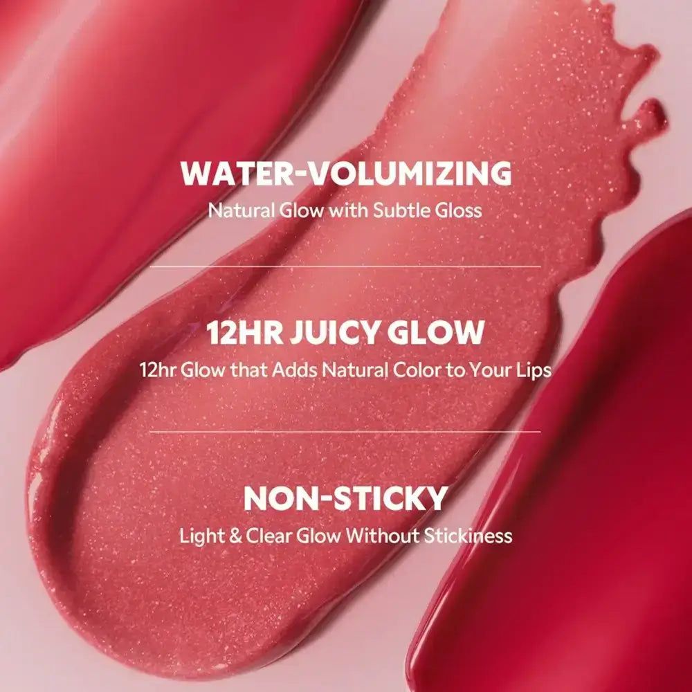 Sovrapposizione di testo su texture di colore: Water-Volumizing, 12HR Juicy Glow, Non-Sticky.