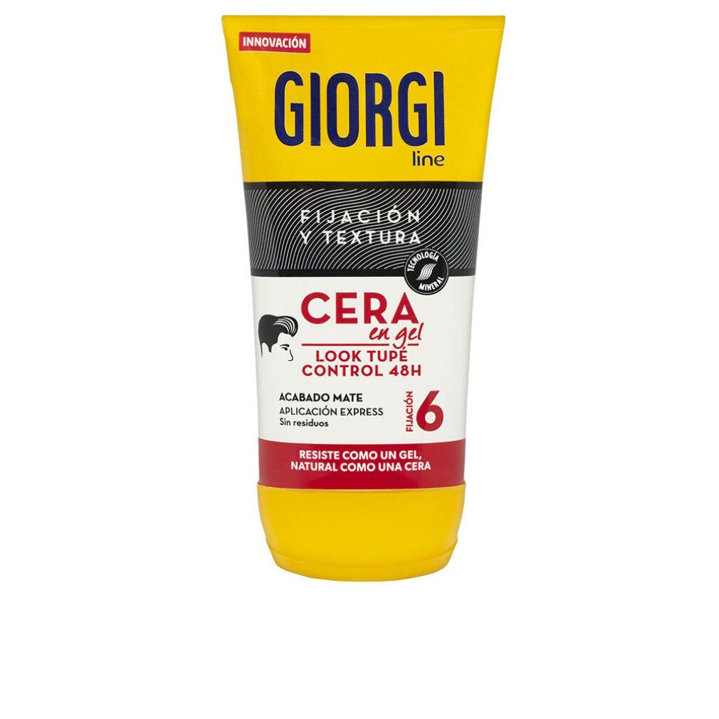 Gel per capelli Giorgi, tubo giallo. Striscia nera con testo. "Cera en gel" e "Look Tupe Control 48H".