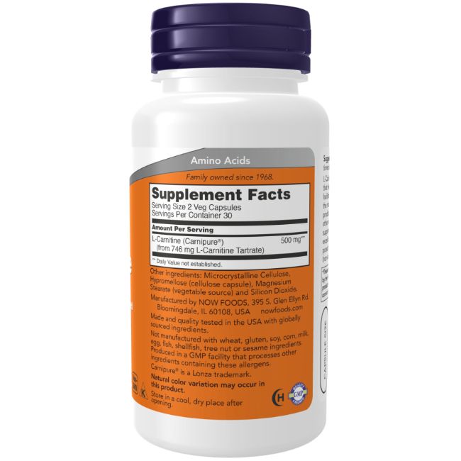 Retro di un flacone di L-Carnitina 250 mg Now Foods con informazioni nutrizionali.