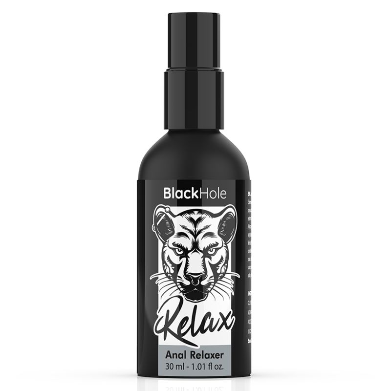 Flacone nero con vaporizzatore. Scritta Black Hole Relax, logo testa di tigre. 30 ml.