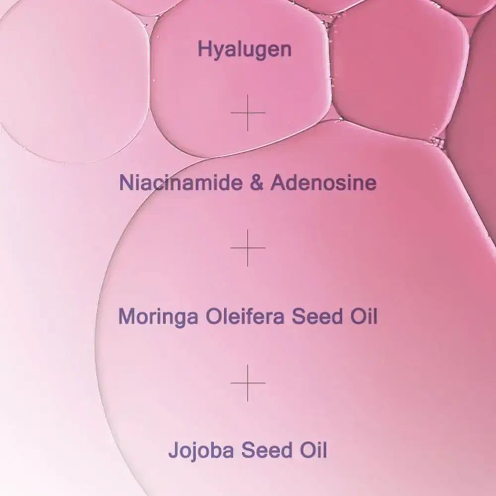 Immagine di ingredienti: Hyalugen, Niacinamide & Adenosine, Moringa Oleifera Seed Oil, Jojoba Seed Oil.