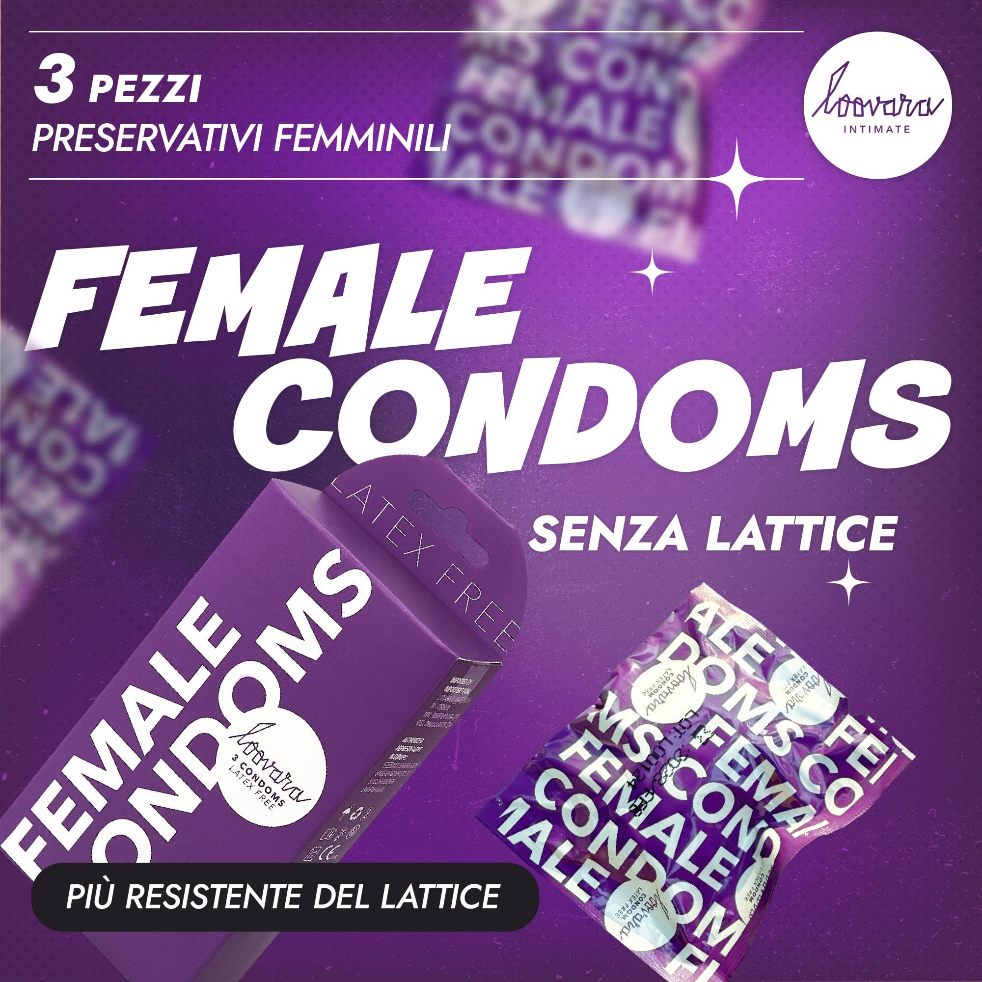 Confezione viola con "FEMALE CONDOMS" e 3 preservativi, "LATEX FREE" in evidenza.