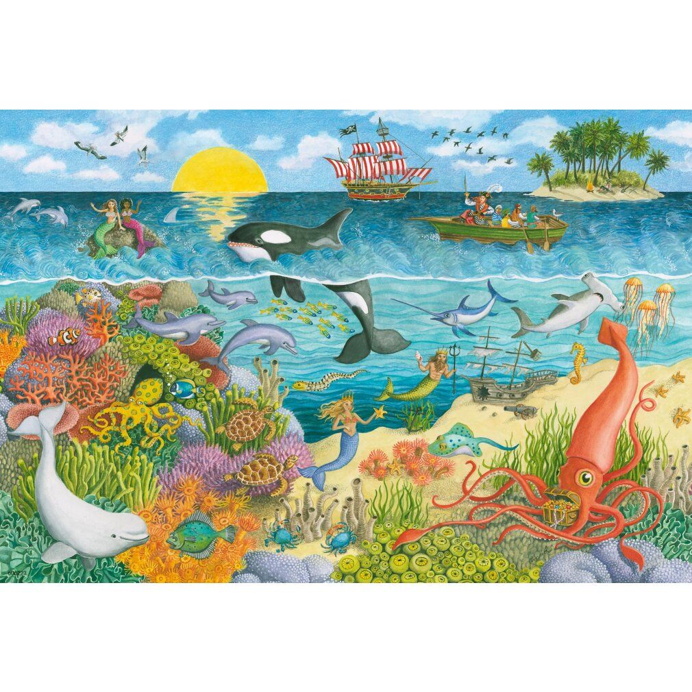 Pezzo di puzzle con motivo sottomarino. Sirene, balene, nave, calamaro e altre creature marine. Illustrazione colorata.