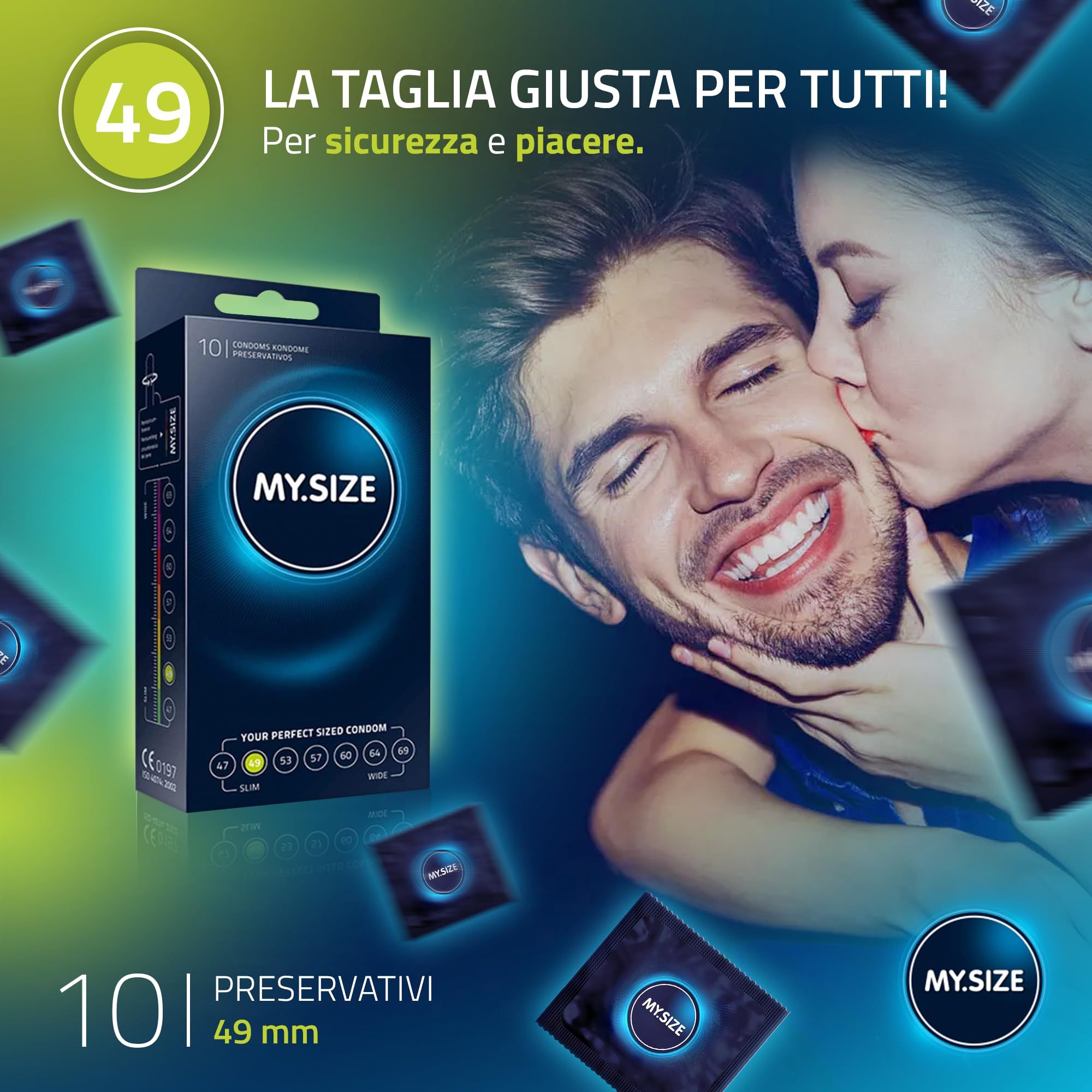Confezione preservativi MY.SIZE 49 con coppia. "La taglia giusta per tutti!"