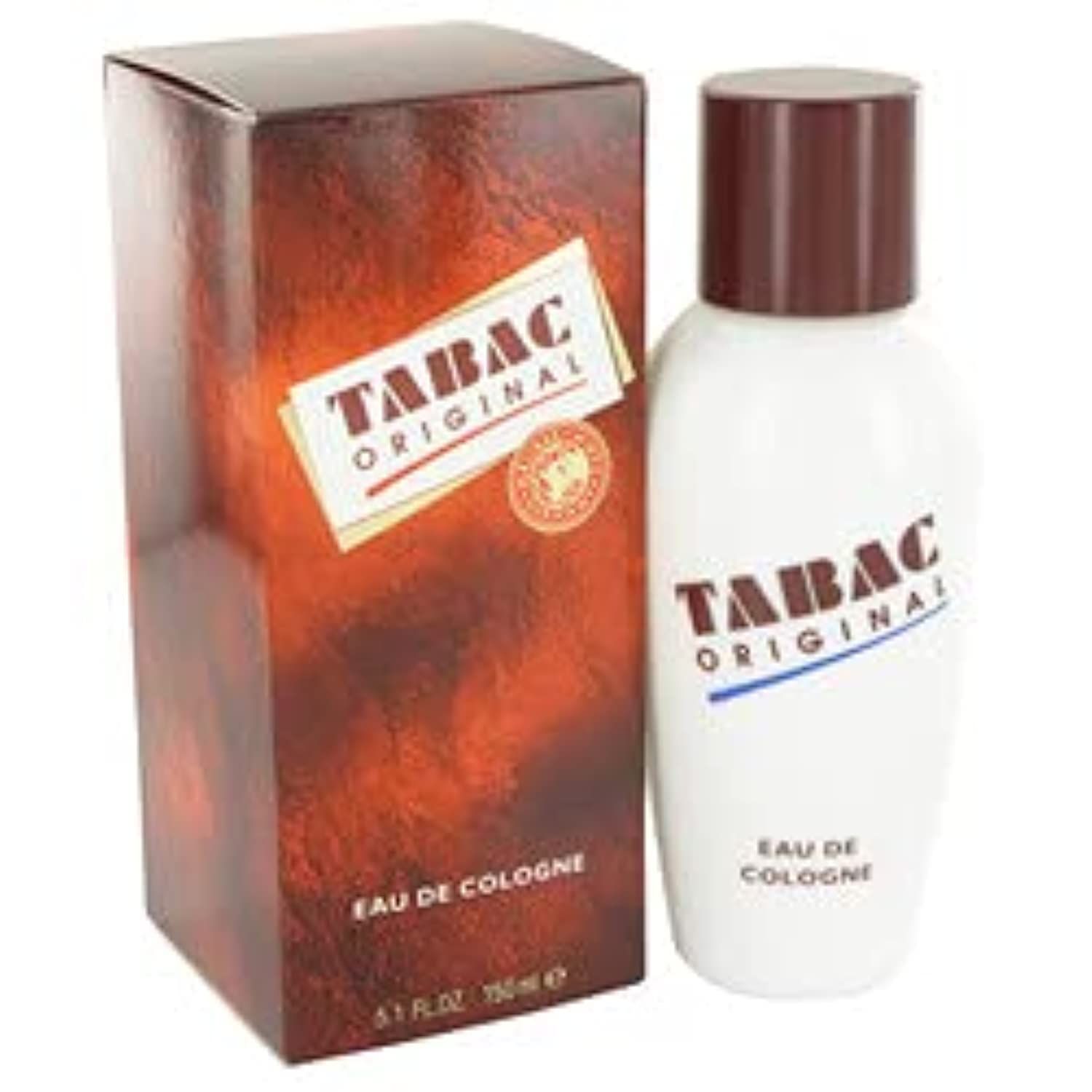 Flacone e confezione Tabac Original Eau de Cologne. Flacone bianco, tappo marrone, confezione marrone con logo.