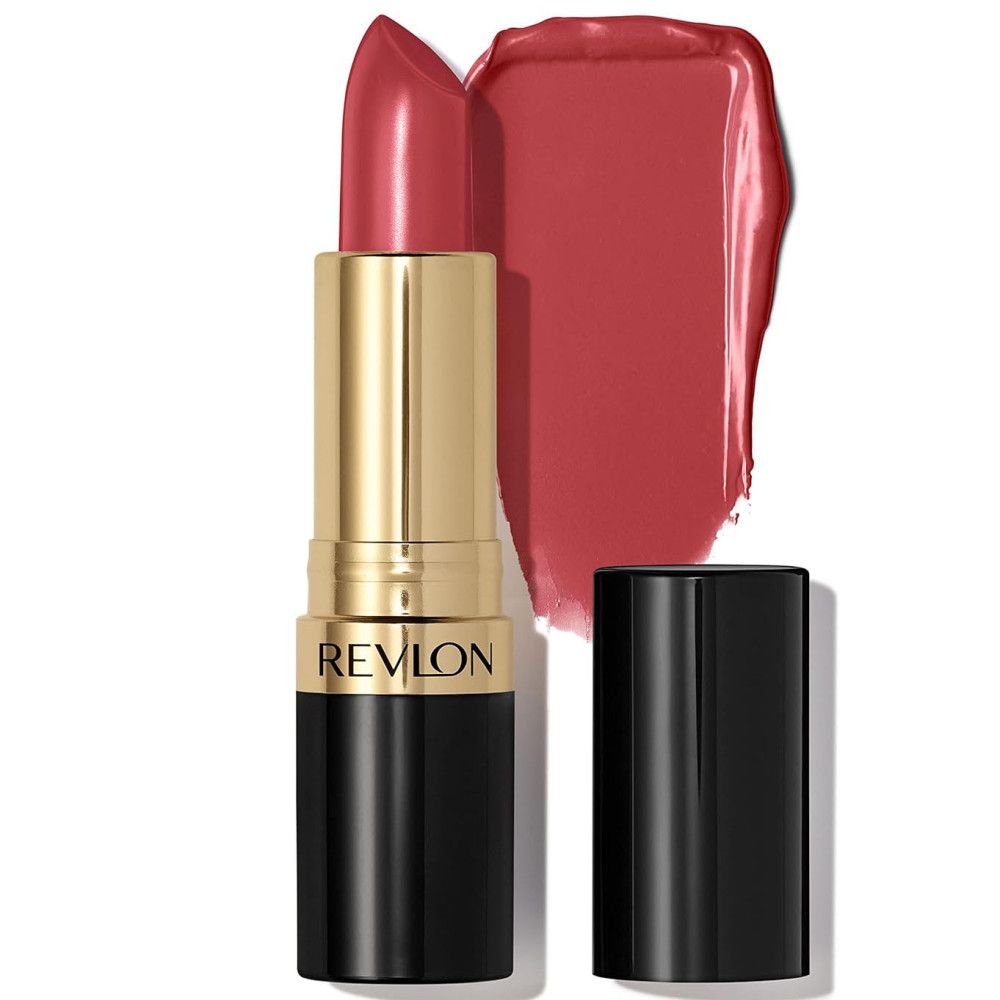 Rossetto e campione di colore. Corpo dorato, base nera. Marchio REVLON.