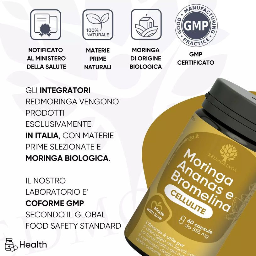 Due flaconi con etichette. Uno con Moringa Oleifera biologica, 90 capsule. L'altro con Moringa Ananas e Bromelina, 60 capsule.
