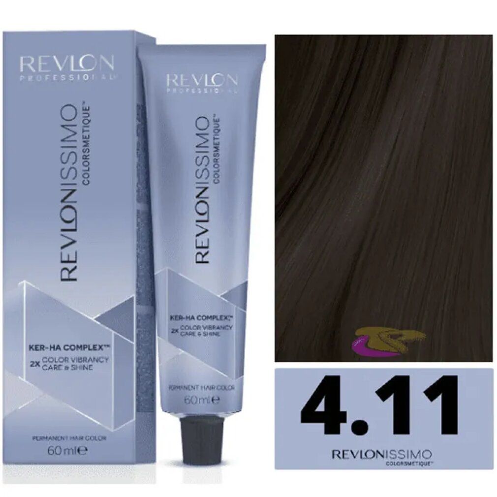 Confezione e tubo di colorazione per capelli. Tonalità 4.11. Testo: Revlonissimo Colorsmetique. Campione colore. 60ml.