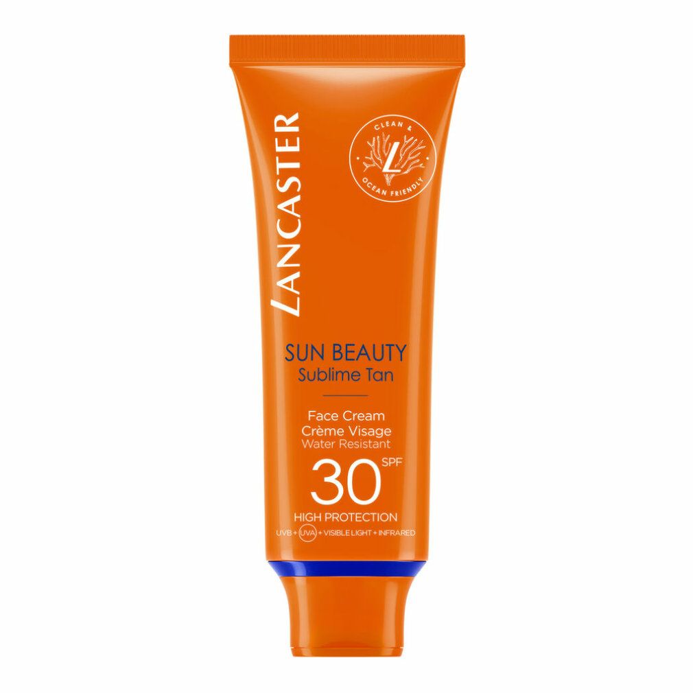 Tubo arancione con testo bianco. Scritto: Lancaster, Sun Beauty, Sublime Tan, Face Cream, SPF 30. Tappo blu.