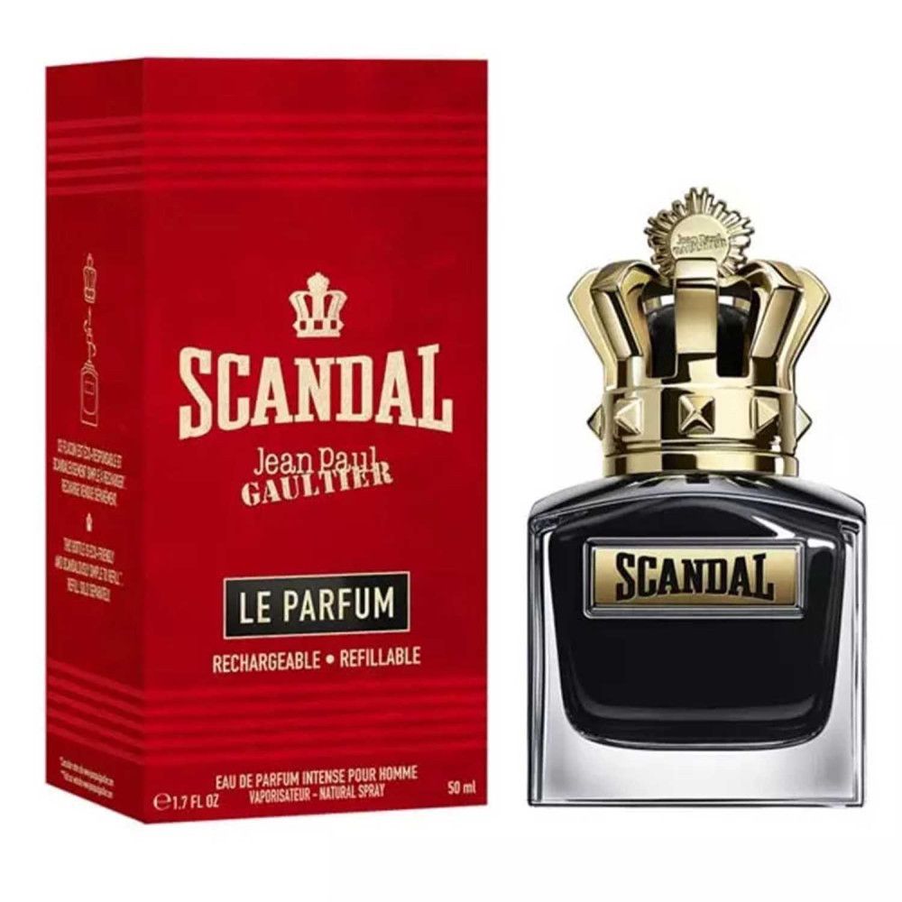 Flacone di profumo scuro con corona dorata e confezione rossa. Scritta: Scandal Le Parfum. 50ml.
