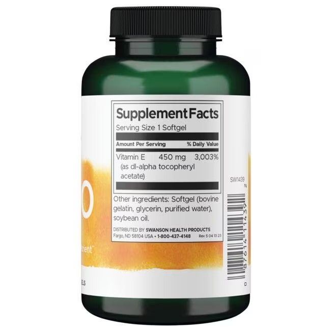 Flacone verde con tappo nero. Etichetta con informazioni sul prodotto: Vitamina E, 1000 UI, 60 softgels. Marchio: SWANSON.