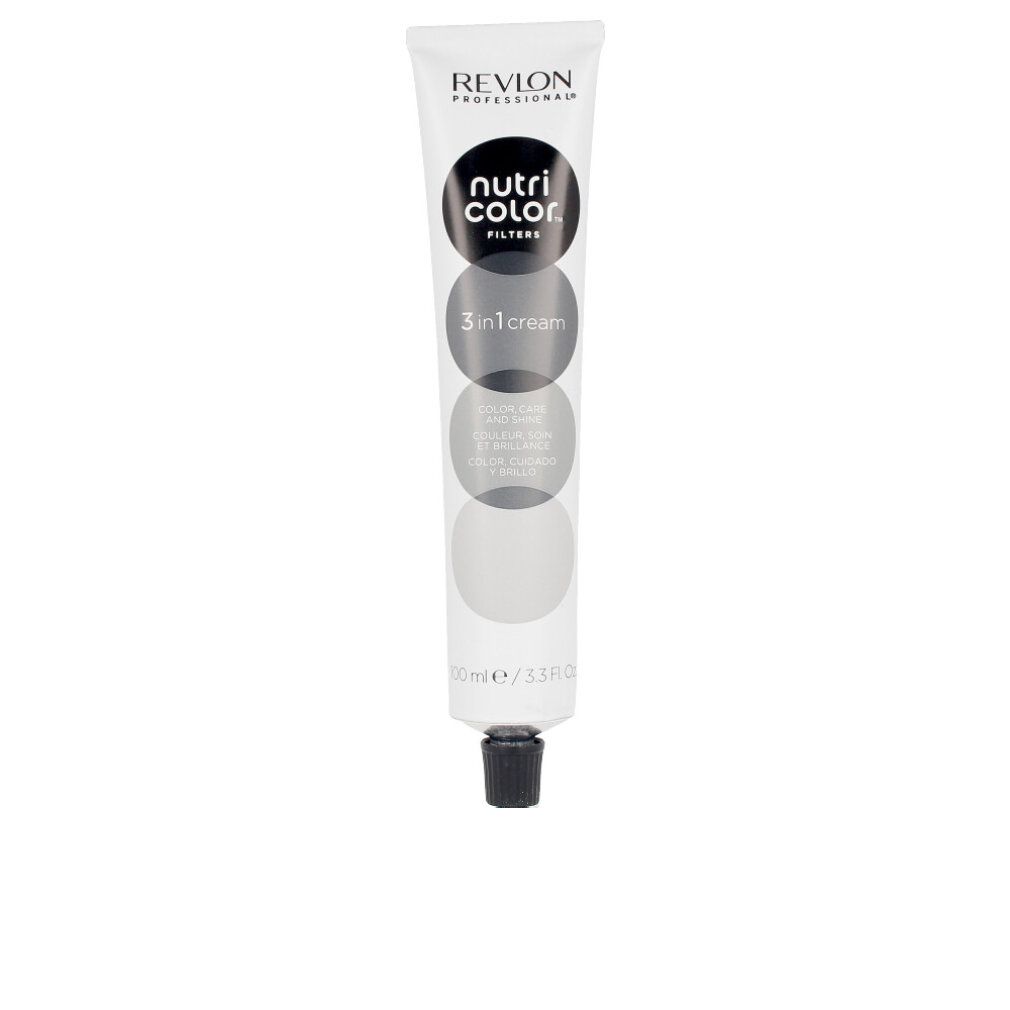 Tubo bianco-grigio con tappo nero. Scritta: Revlon, Nutri Color Filters, 3 in 1 cream.