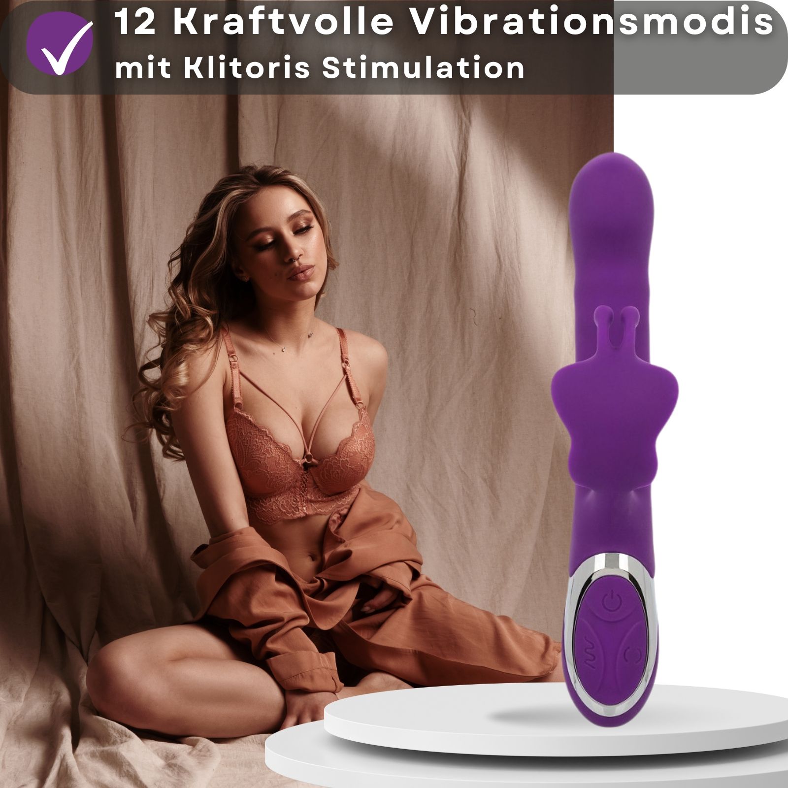 Vibratore viola accanto a una donna in intimo. Il testo descrive le modalità di vibrazione e la stimolazione del clitoride.