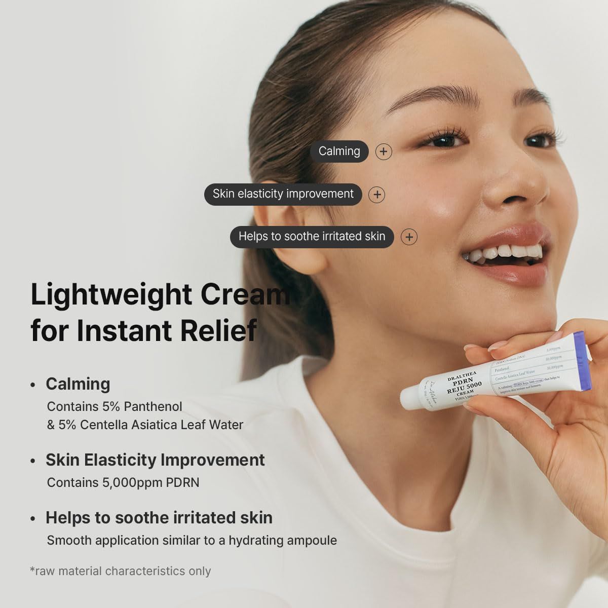 Donna che tiene un tubo di crema. Scritta: Dr. Althea PDRN Reju 5000 Creme. Testo: Lenitivo, elasticità.