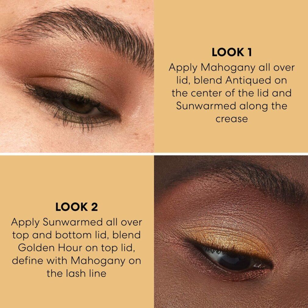 Look trucco occhi 1: Mogano su tutta la palpebra, Antiqued al centro, Sunwarmed nella piega.