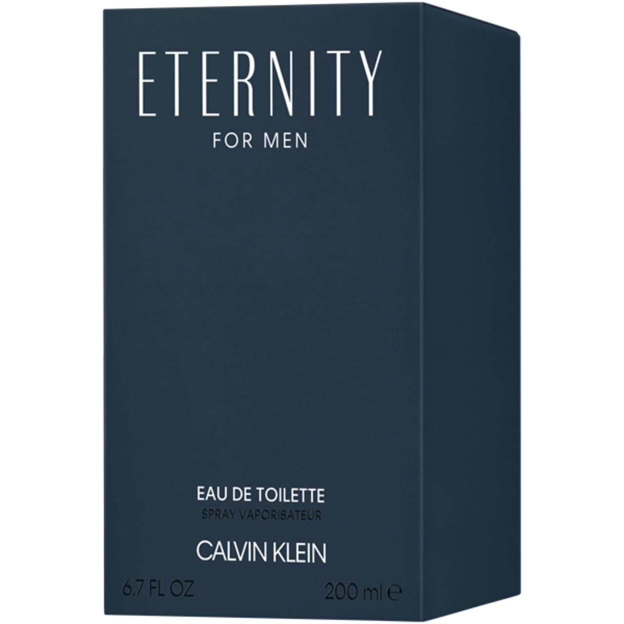 Confezione rettangolare blu scuro. Scritta: Eternity for Men, Eau de Toilette, Calvin Klein. 6.7 FL OZ, 200 ml.